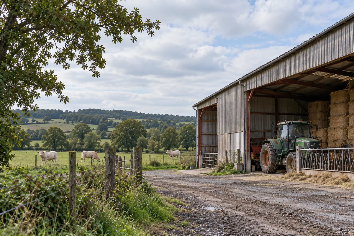Hangar agricole, tracteur et bovins derrière une clôture, en lumière naturelle.
