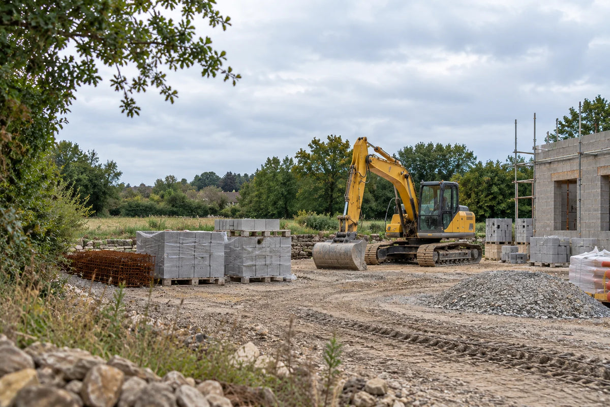 Pelle mécanique, matériaux et bâtiment en construction sur un chantier privé.