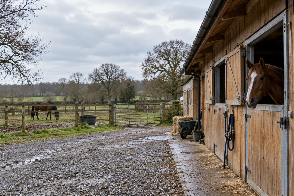 Cheval à la porte d’une écurie en bois et prairie clôturée sous un ciel couvert.