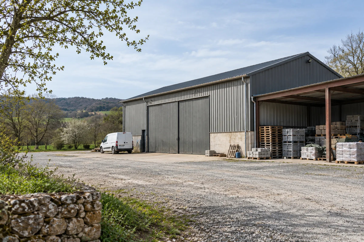 Hangar de stockage, palettes et véhicule utilitaire dans une cour privée.