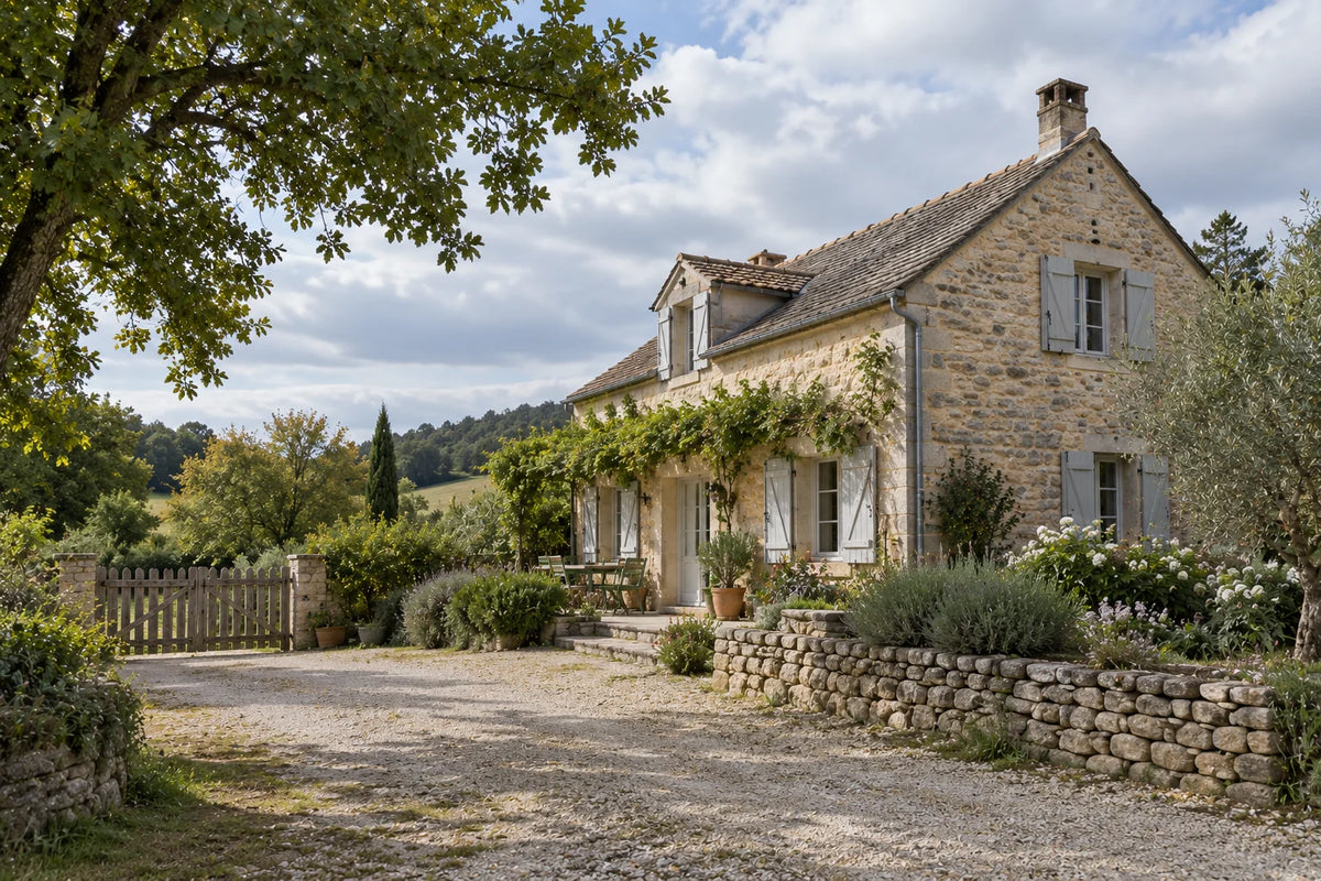 Maison de campagne en pierre, volets clairs et accès fermé par un portail en bois.