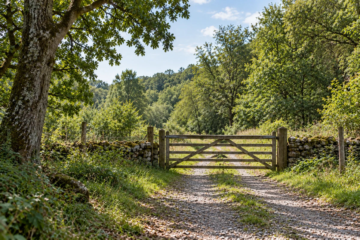 Portail en bois à l’entrée d’un chemin forestier privé en journée.